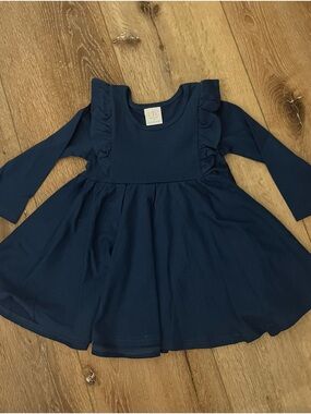 TC Navy Ruffle-Sleeve Long-Sleeve Girls Dress